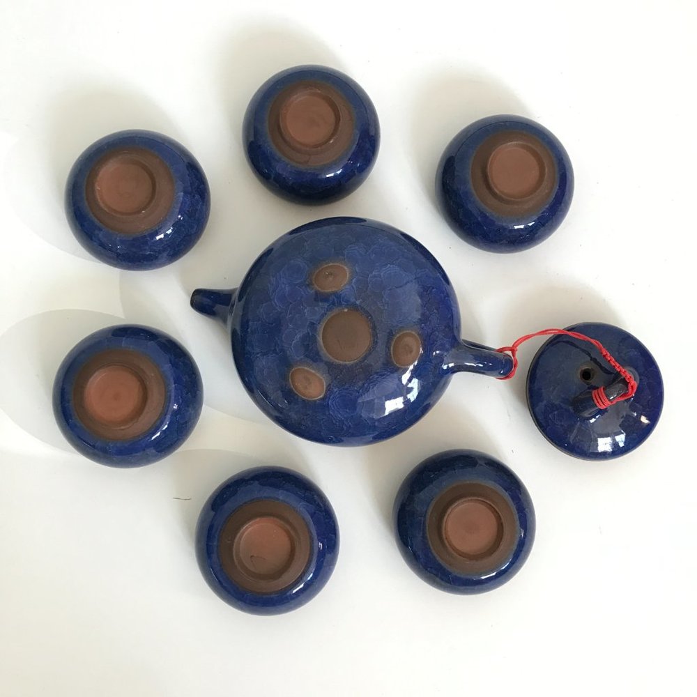 Asian Blue Ice Crackle Glazed Terracotta Teapot and Tea Cup Set - 7 Pieces - Picture 4 of 11